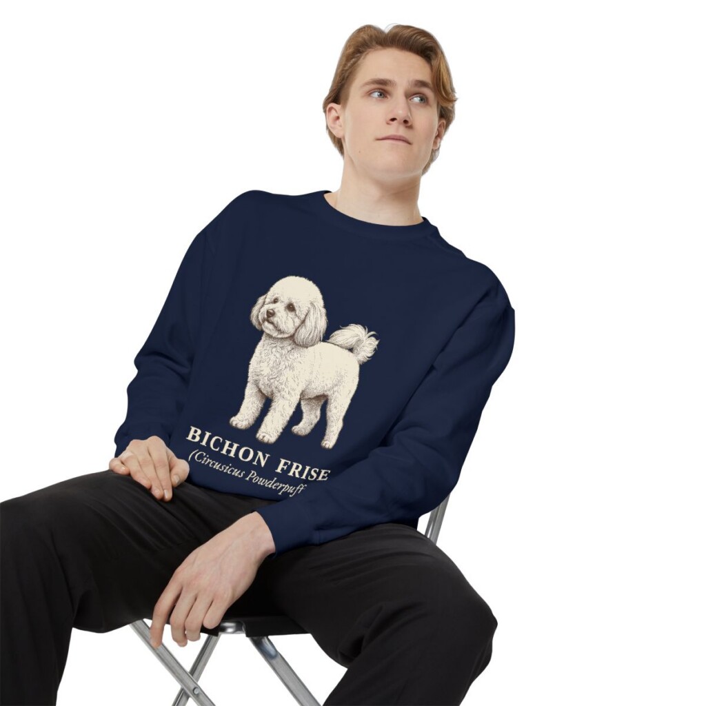 Bichon Frise Latin Sweatshirt, True Navy, person 1 context