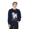 Bichon Frise Latin Sweatshirt, True Navy, person 1 front