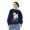 Bichon Frise Latin Sweatshirt, True Navy, person 2 front