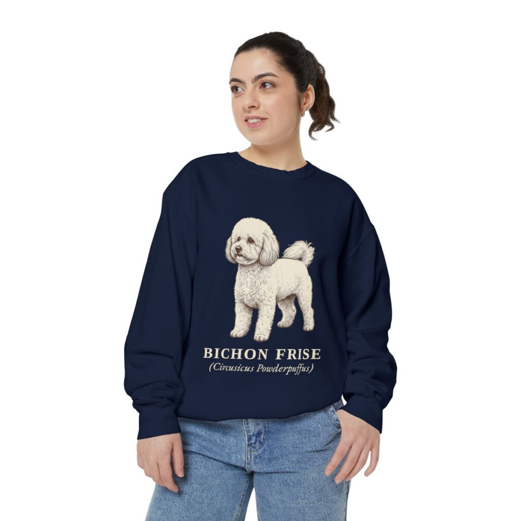 Bichon Frise Latin Sweatshirt, True Navy, person 2 front