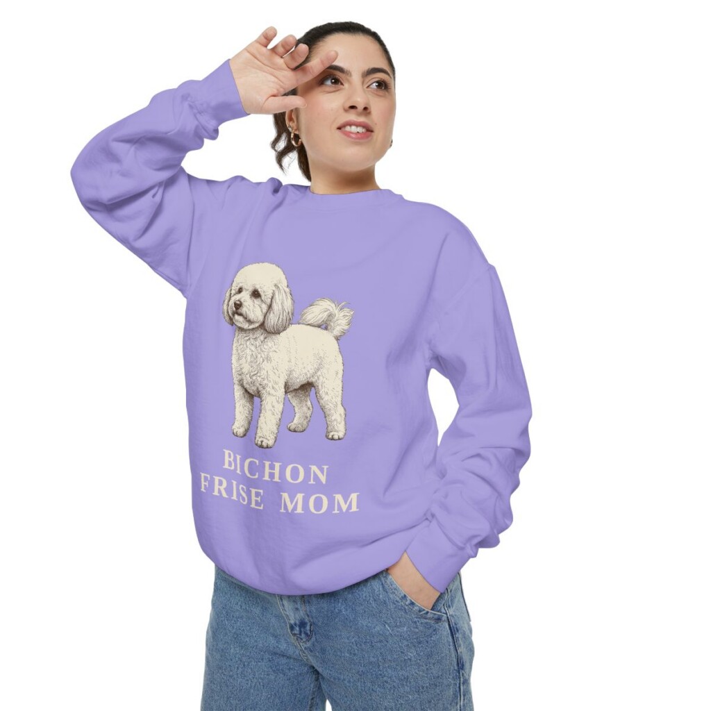 bichon-frise-sweatshirt-mom-violet-person-2-context Bichon Frise Mom Sweatshirt, Violet, person 2 context