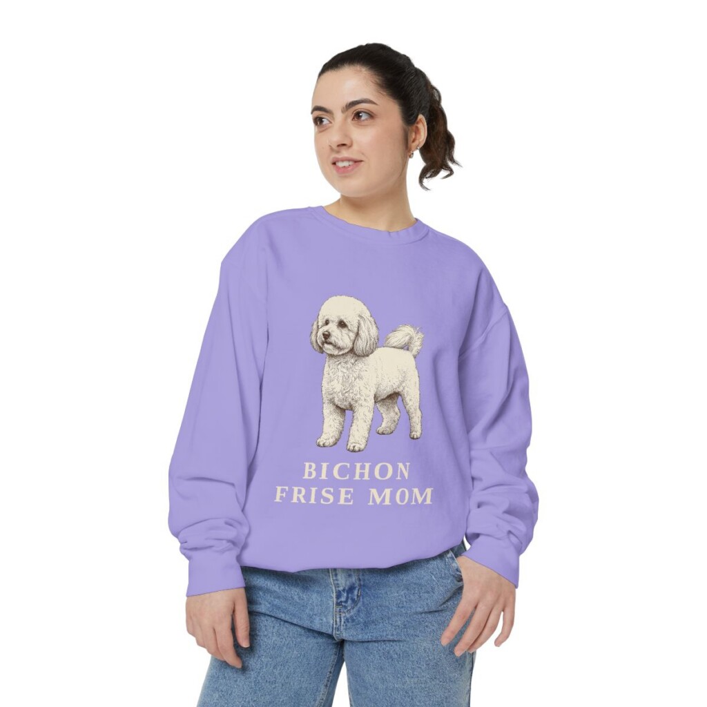 bichon-frise-sweatshirt-mom-violet-person-2-front Bichon Frise Mom Sweatshirt, Violet, person 2 front