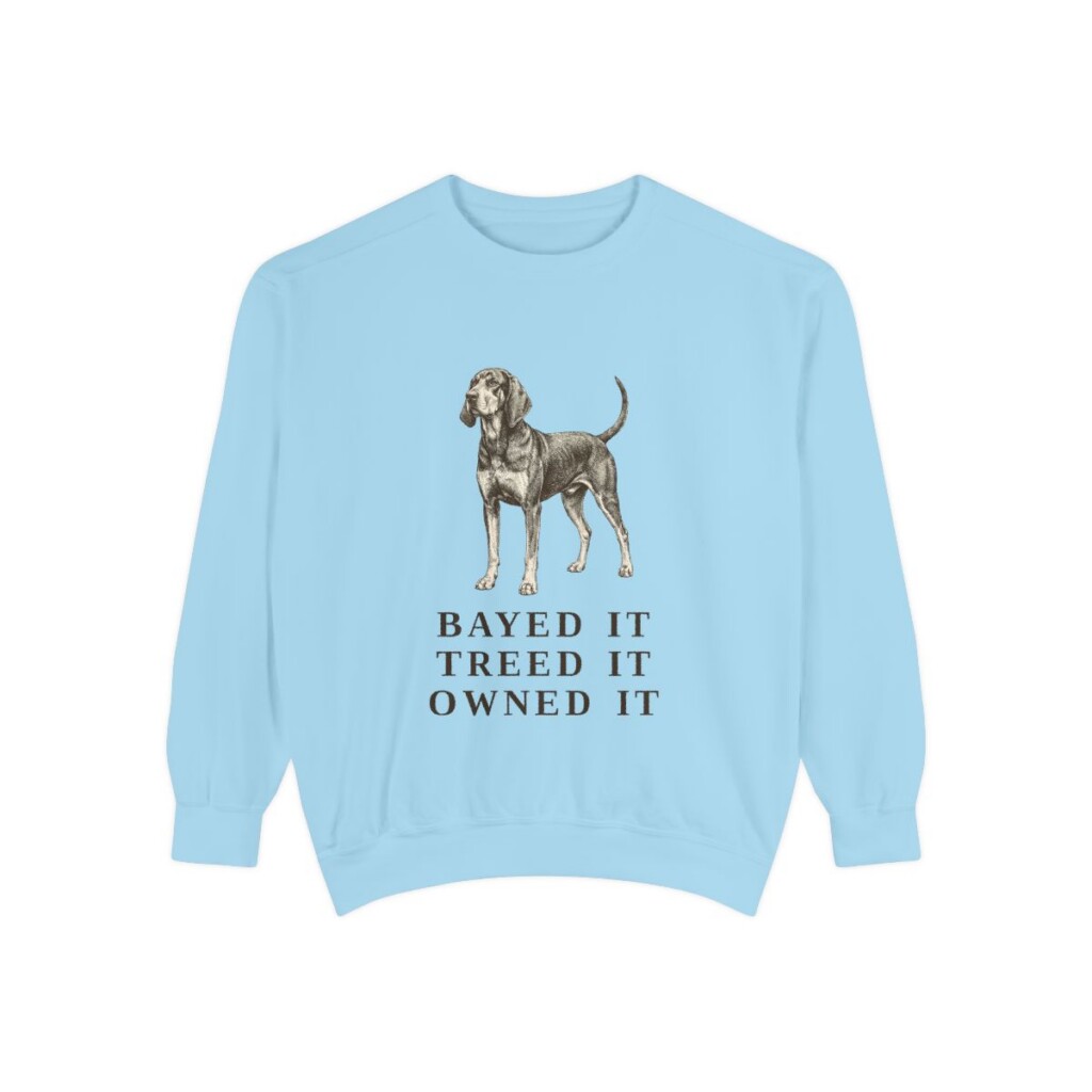 Black and Tan Coonhound Humor Sweatshirt, Chambray, front view