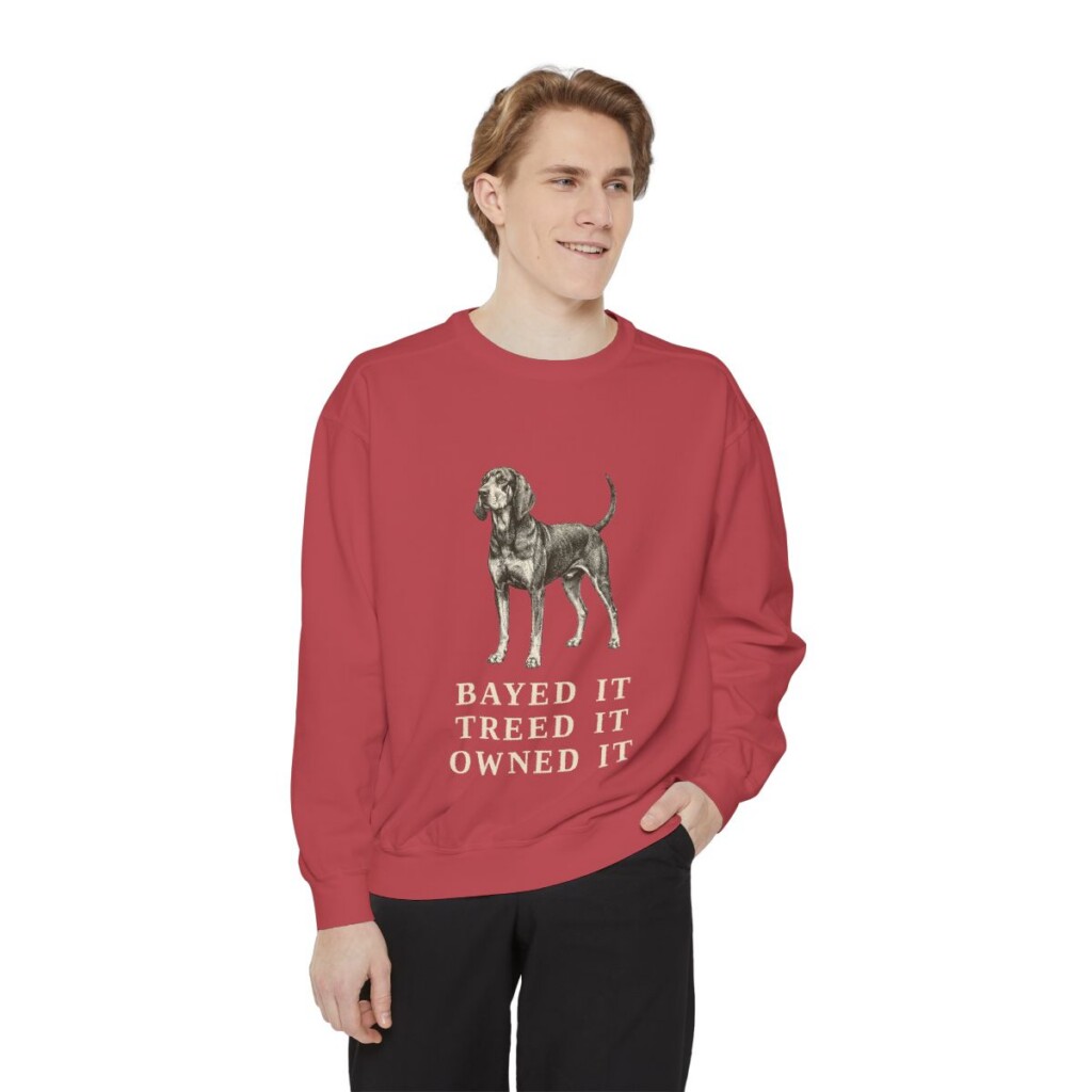 Black and Tan Coonhound Humor Sweatshirt, Crimson, person 1 front