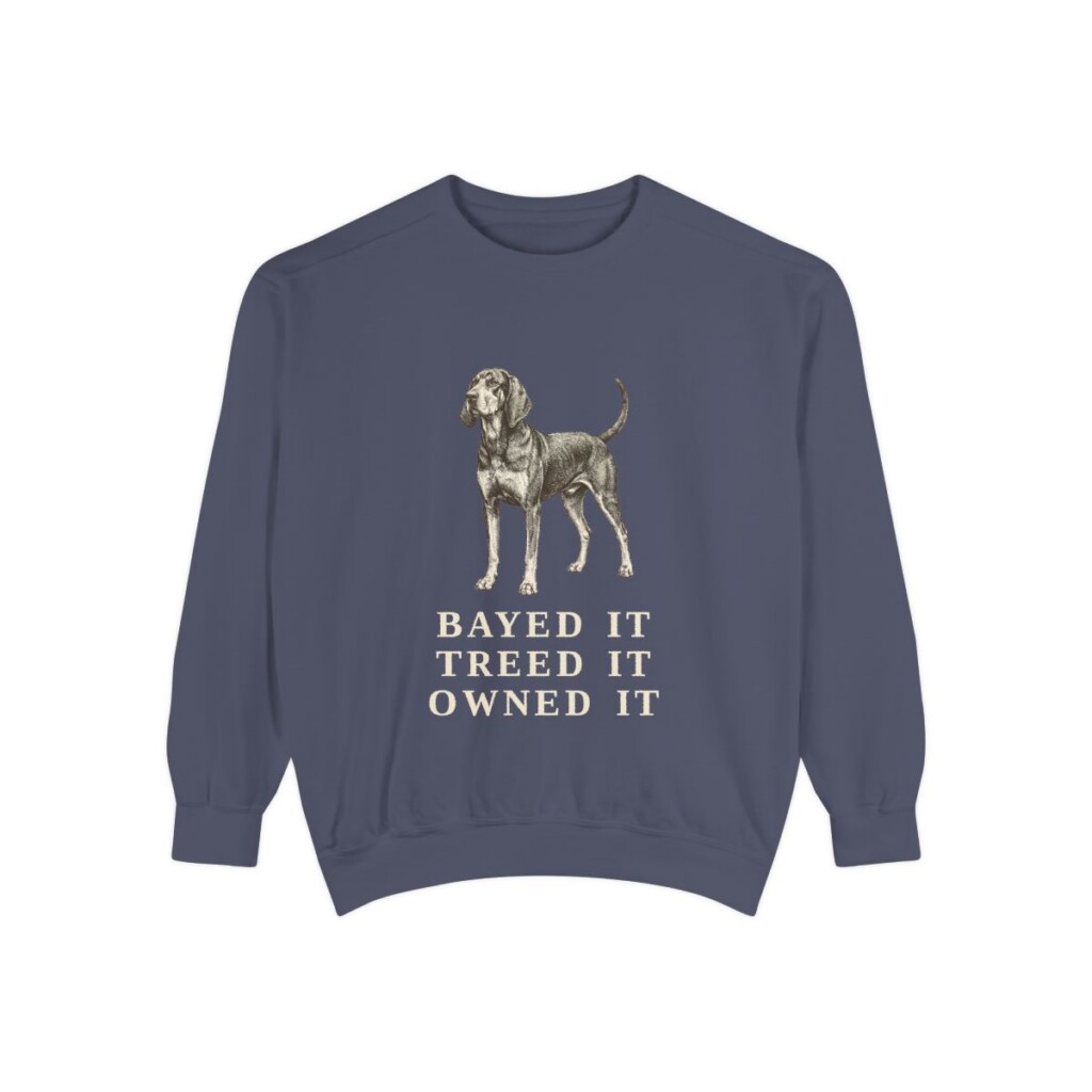 Black and Tan Coonhound Humor Sweatshirt, Denim, front view