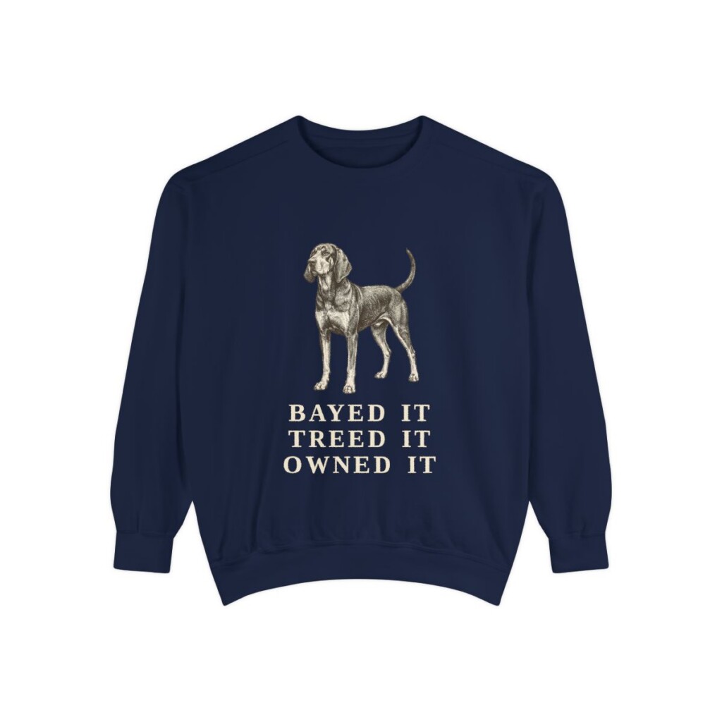 Black and Tan Coonhound Humor Sweatshirt, True Navy, front view