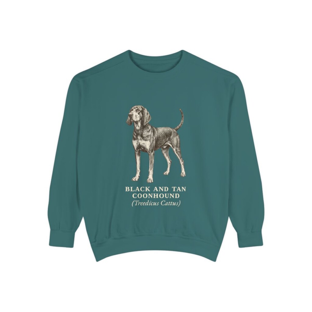 Black and Tan Coonhound Latin Sweatshirt, Blue Spruce, front view