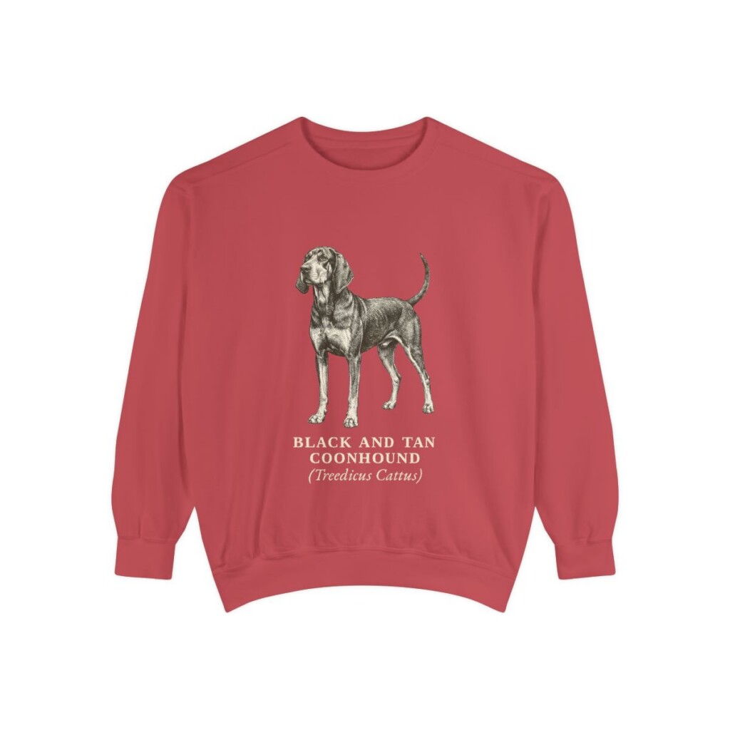 Black and Tan Coonhound Latin Sweatshirt, Crimson, front view
