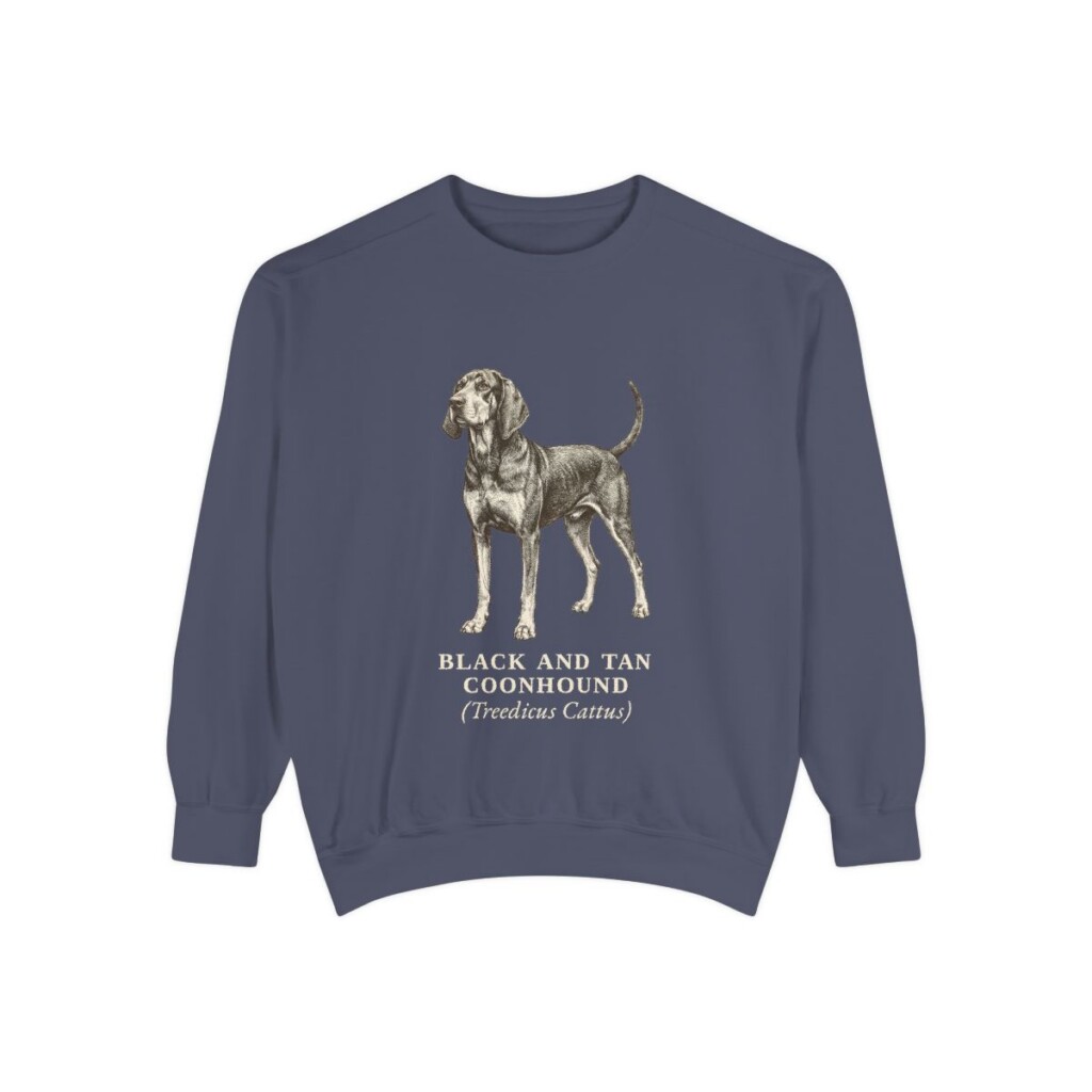 Black and Tan Coonhound Latin Sweatshirt, Denim, front view