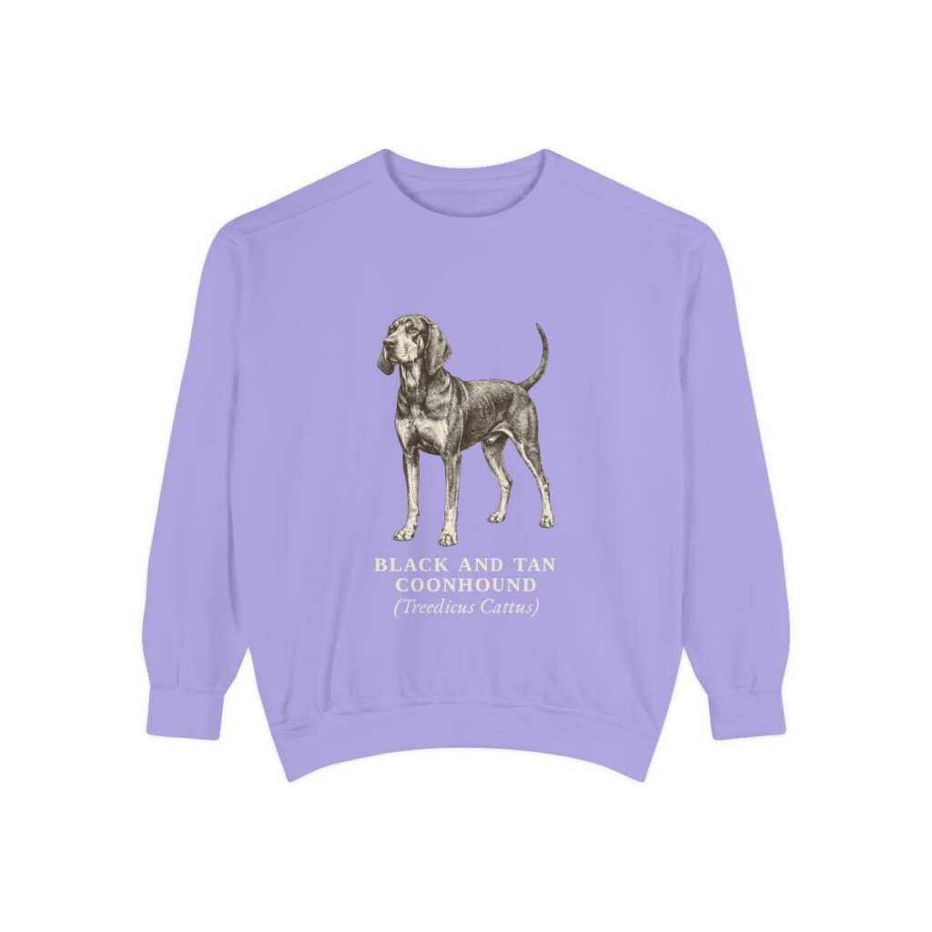 Black and Tan Coonhound Latin Sweatshirt, Violet, front view