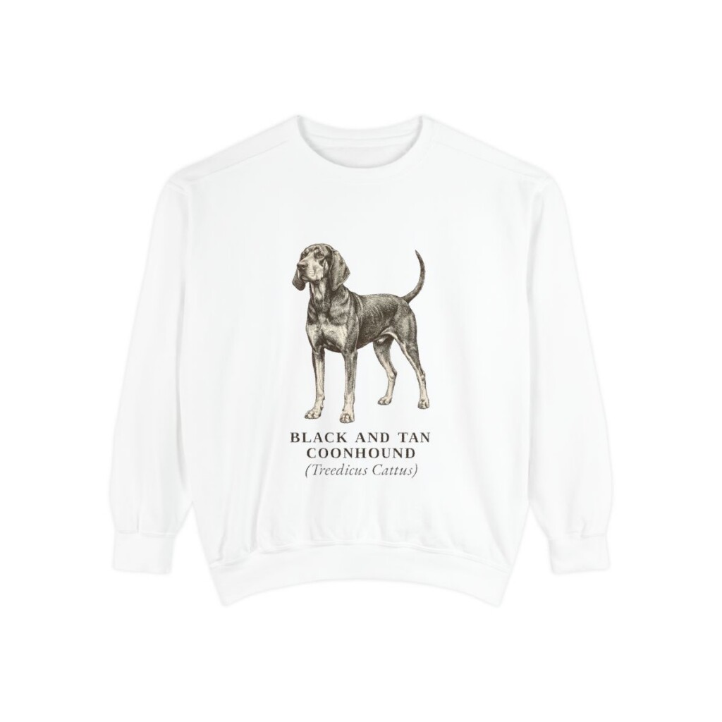 Black and Tan Coonhound Latin Sweatshirt, White, front view