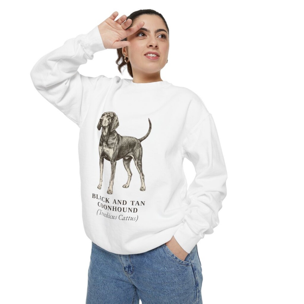 Black and Tan Coonhound Latin Sweatshirt, White, person 2 context