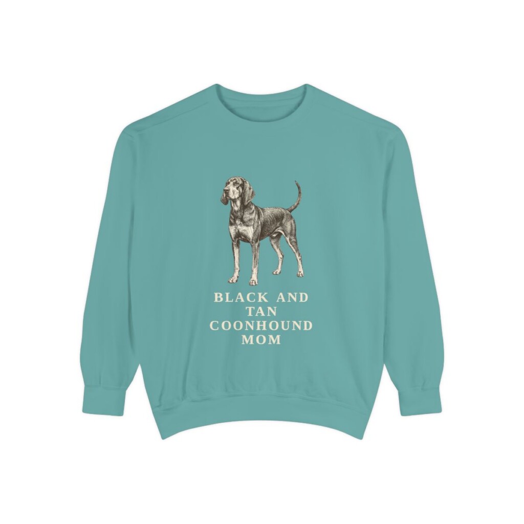 Black and Tan Coonhound Mom Sweatshirt, Seafoam, front view