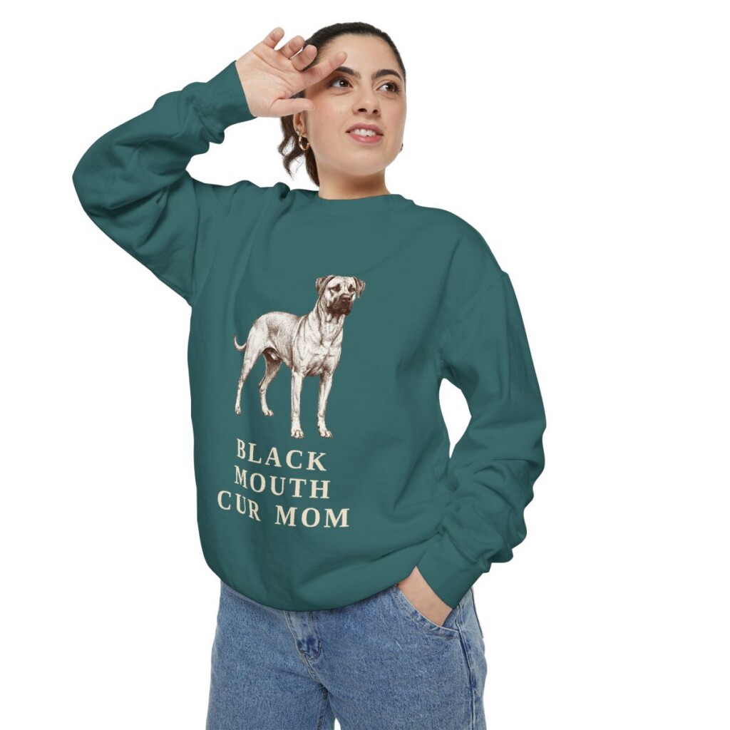 Black Mouth Cur Mom Sweatshirt, Blue Spruce, person 2 context