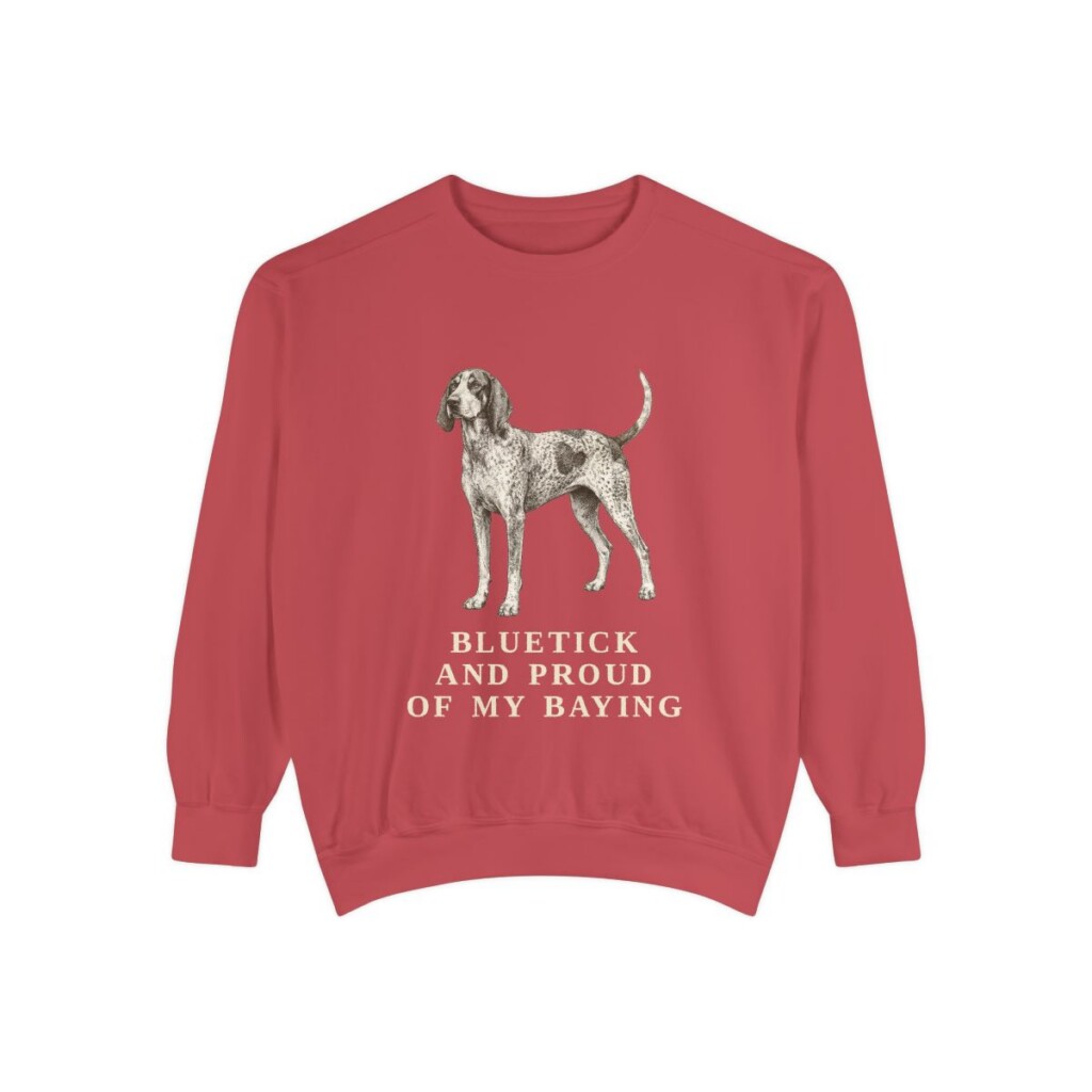 bluetick-coonhound-sweatshirt-humor-crimson Bluetick Coonhound Humor Sweatshirt, Crimson, front view