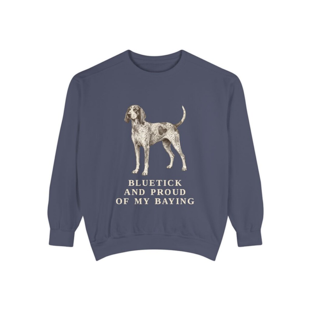 bluetick-coonhound-sweatshirt-humor-denim Bluetick Coonhound Humor Sweatshirt, Denim, front view