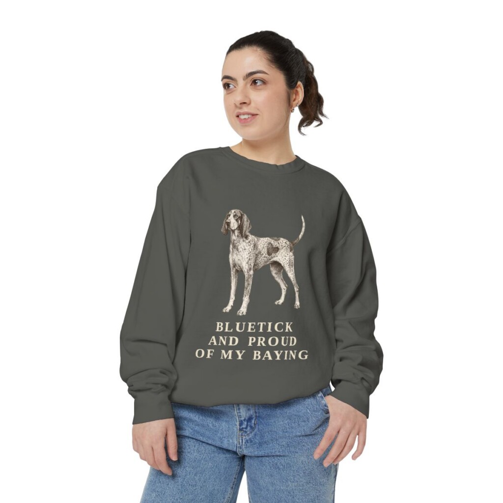 bluetick-coonhound-sweatshirt-humor-pepper-person-2-front Bluetick Coonhound Humor Sweatshirt, Pepper, person 2 front