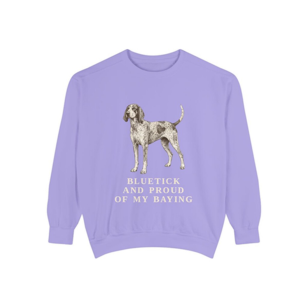 bluetick-coonhound-sweatshirt-humor-violet Bluetick Coonhound Humor Sweatshirt, Violet, front view