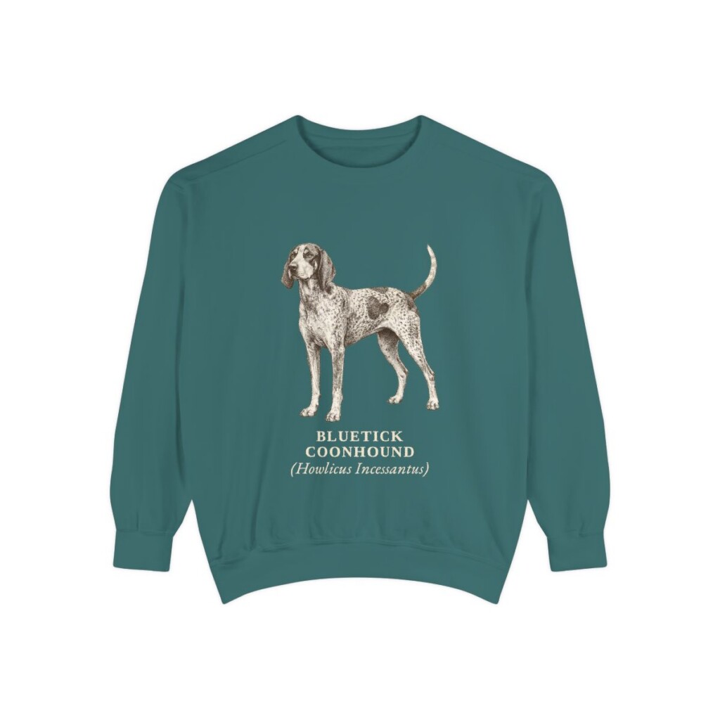 Bluetick Coonhound Latin Sweatshirt, Blue Spruce, front view