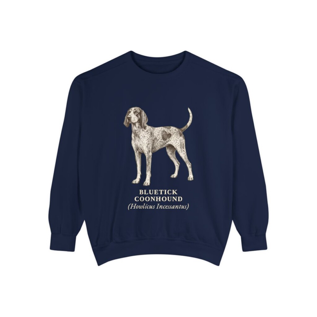 Bluetick Coonhound Latin Sweatshirt, True Navy, front view