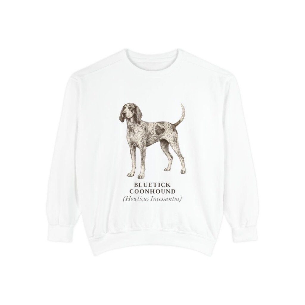 Bluetick Coonhound Latin Sweatshirt, White, front view