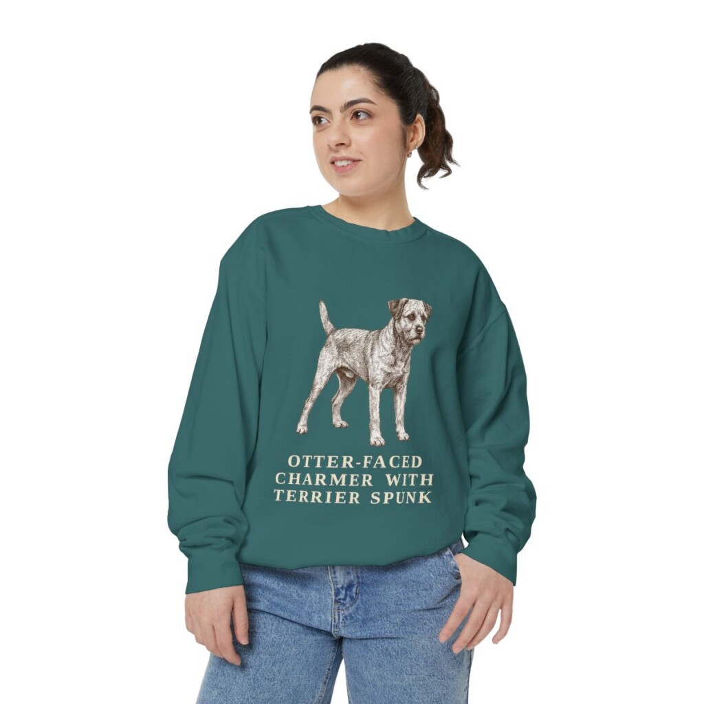 Border Terrier Humor Sweatshirt, Blue Spruce, person 2 front