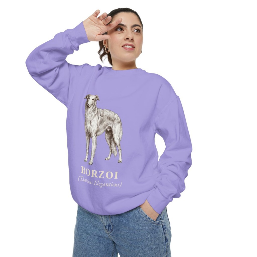 borzoi-sweatshirt-latin-violet-person-2-context Borzoi Latin Sweatshirt, Violet, person 2 context