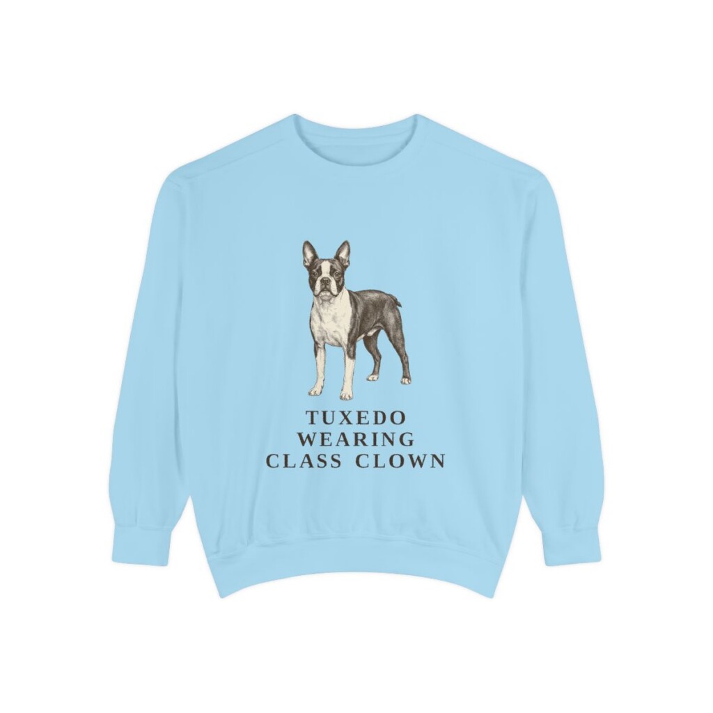 boston-terrier-sweatshirt-humor-chambray Boston Terrier Humor Sweatshirt, Chambray, front view