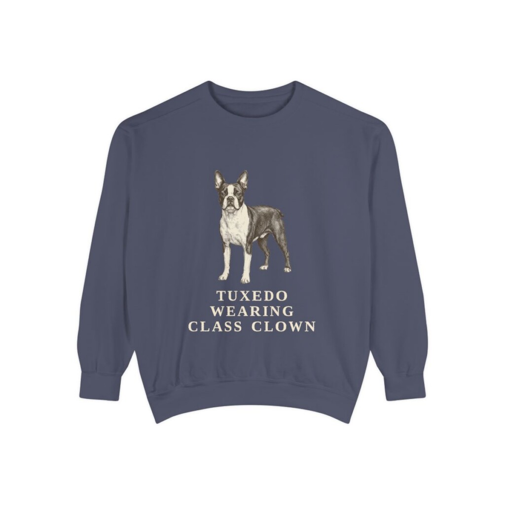 boston-terrier-sweatshirt-humor-denim Boston Terrier Humor Sweatshirt, Denim, front view