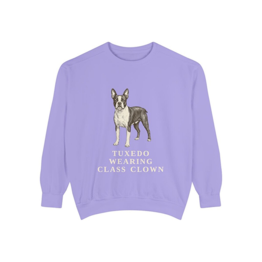 boston-terrier-sweatshirt-humor-violet Boston Terrier Humor Sweatshirt, Violet, front view