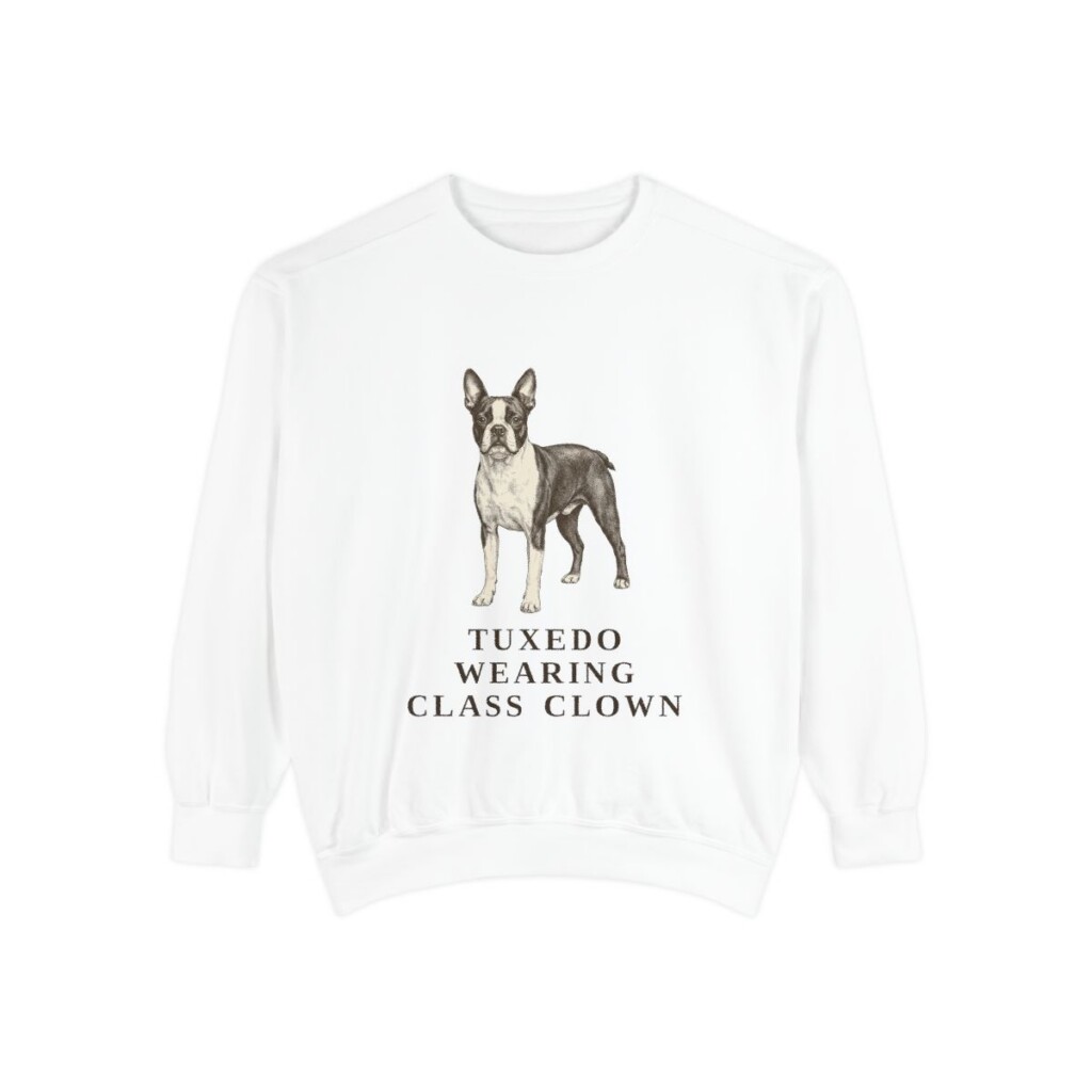 boston-terrier-sweatshirt-humor-white Boston Terrier Humor Sweatshirt, White, front view