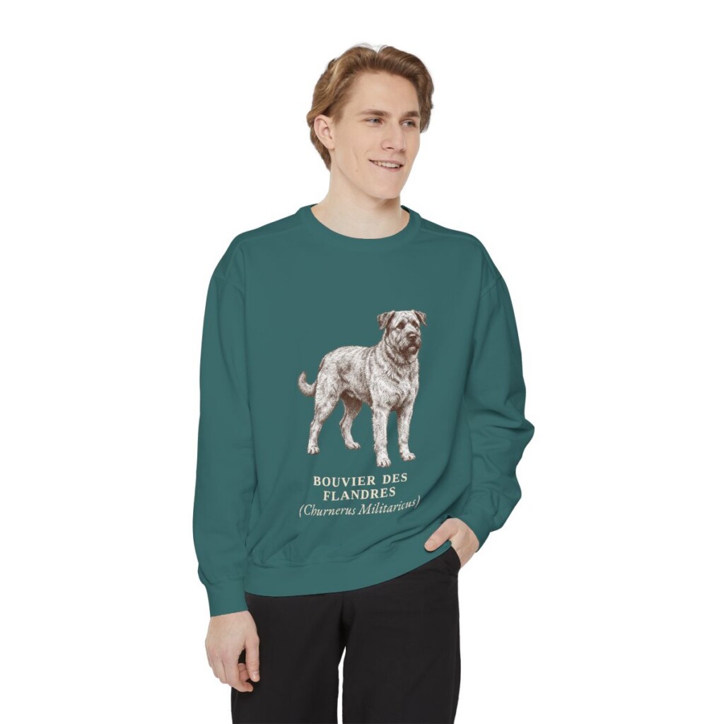 bouvier-des-flandres-sweatshirt-latin-blue-spruce-person-1-front Bouvier des Flandres Latin Sweatshirt, Blue Spruce, person 1 front