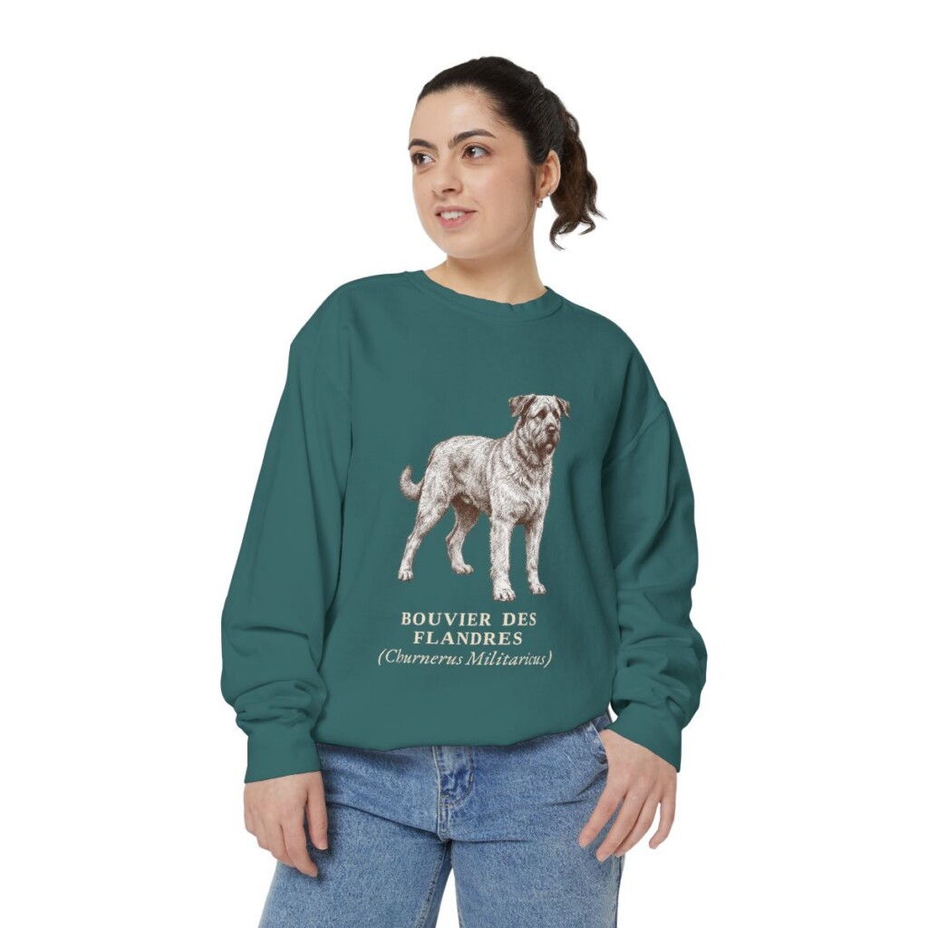 bouvier-des-flandres-sweatshirt-latin-blue-spruce-person-2-front Bouvier des Flandres Latin Sweatshirt, Blue Spruce, person 2 front