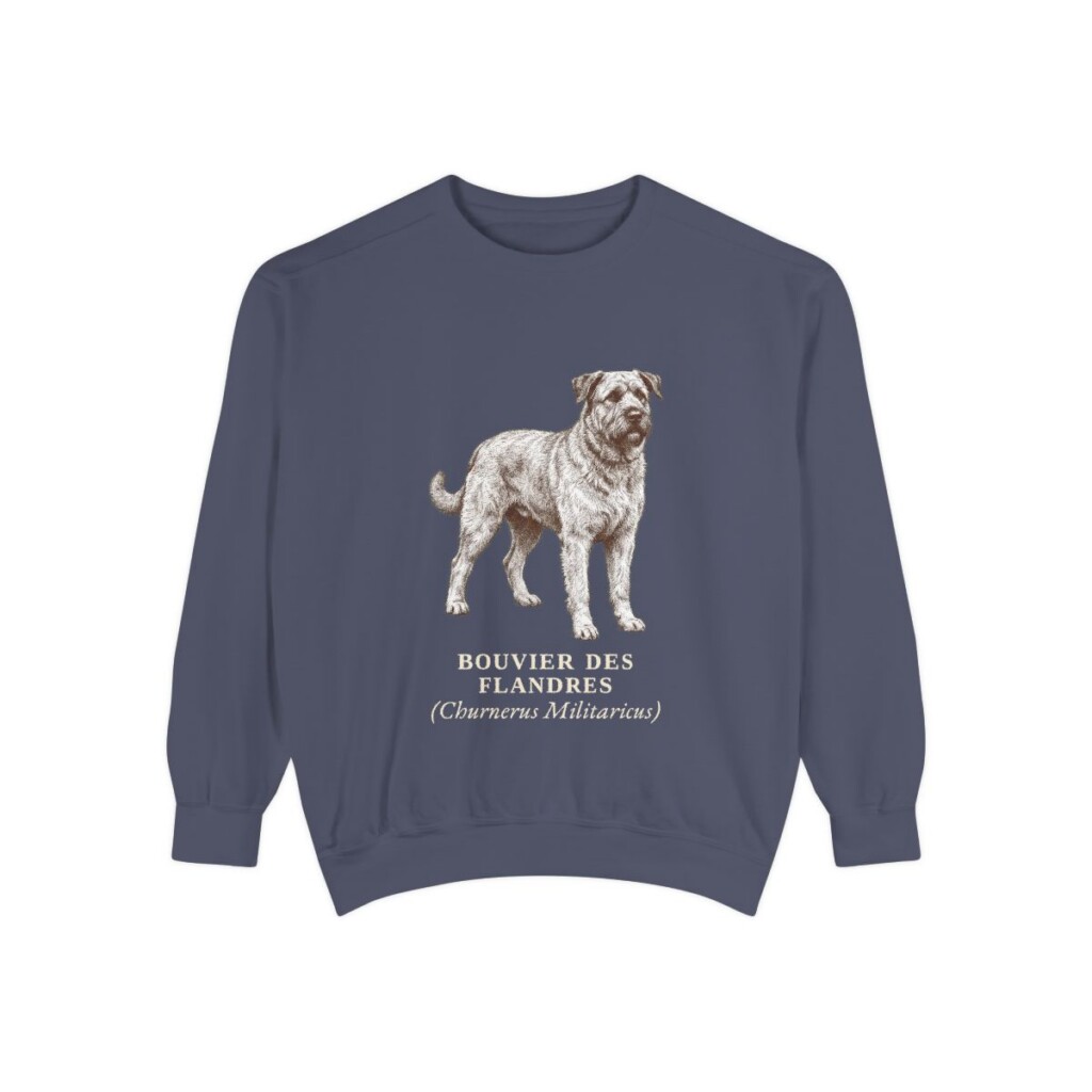bouvier-des-flandres-sweatshirt-latin-denim Bouvier des Flandres Latin Sweatshirt, Denim, front view