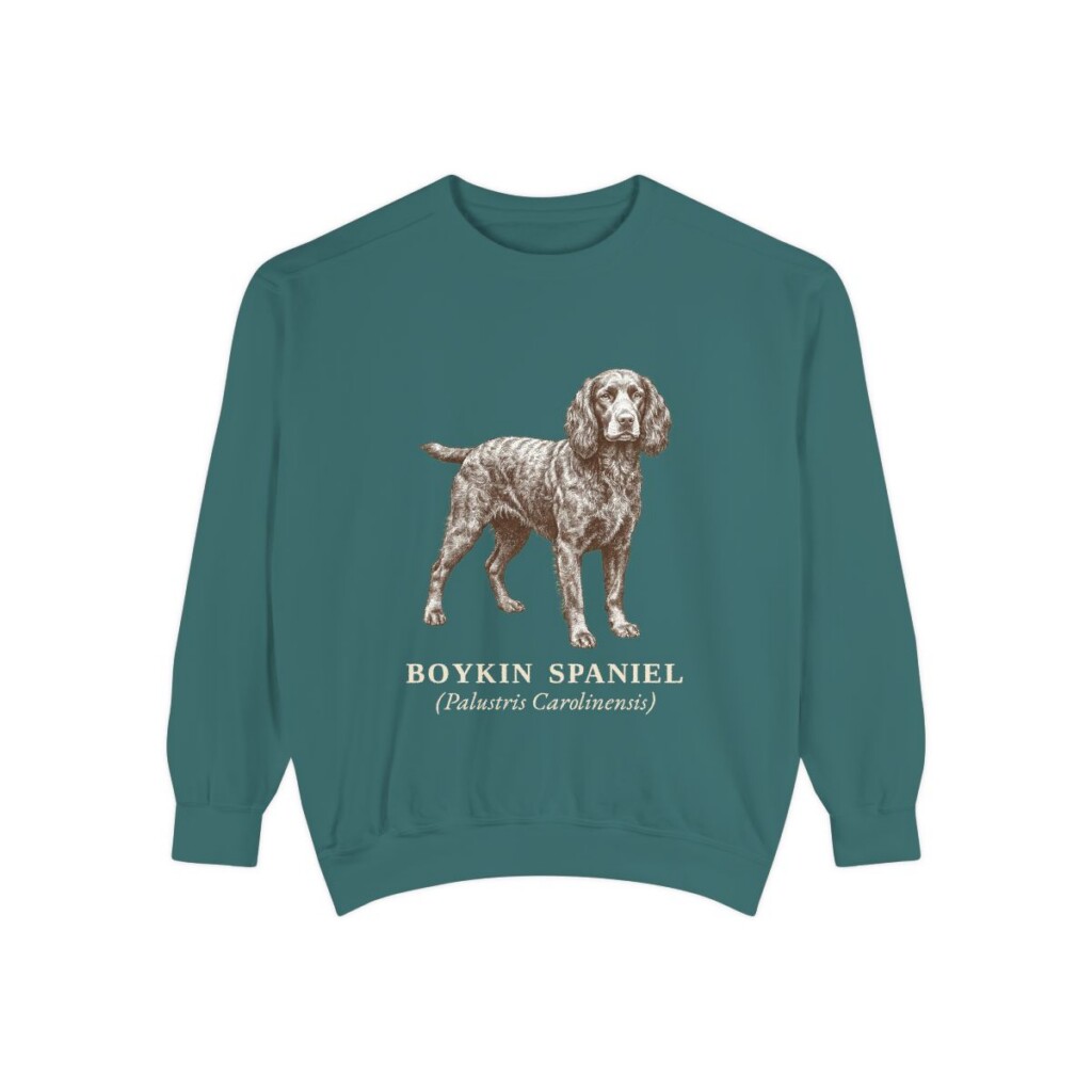 boykin-spaniel-sweatshirt-latin-blue-spruce Boykin Spaniel Latin Sweatshirt, Blue Spruce, front view