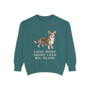 Cardigan Welsh Corgi Humor Sweatshirt, Blue Spruce, front view