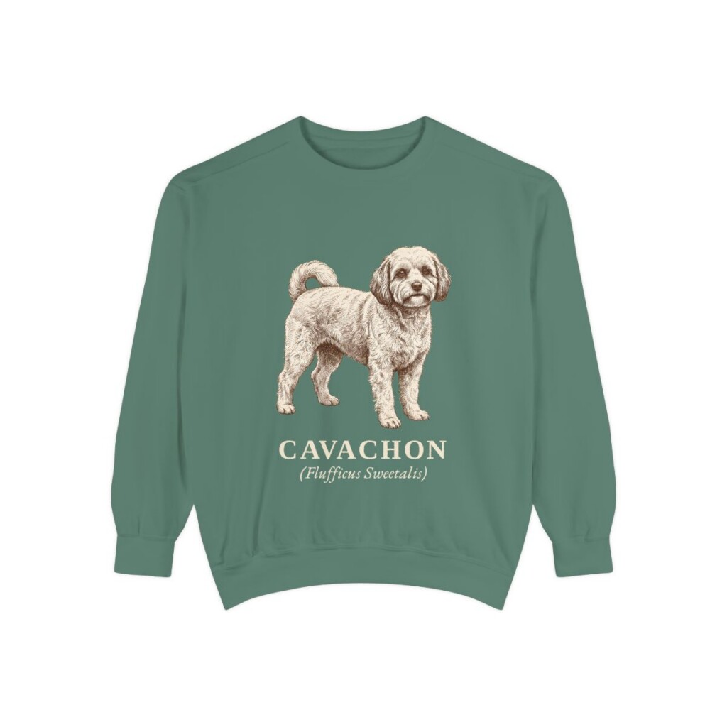 cavachon-sweatshirt-latin-light-green Cavachon Latin Sweatshirt, Light Green, front view