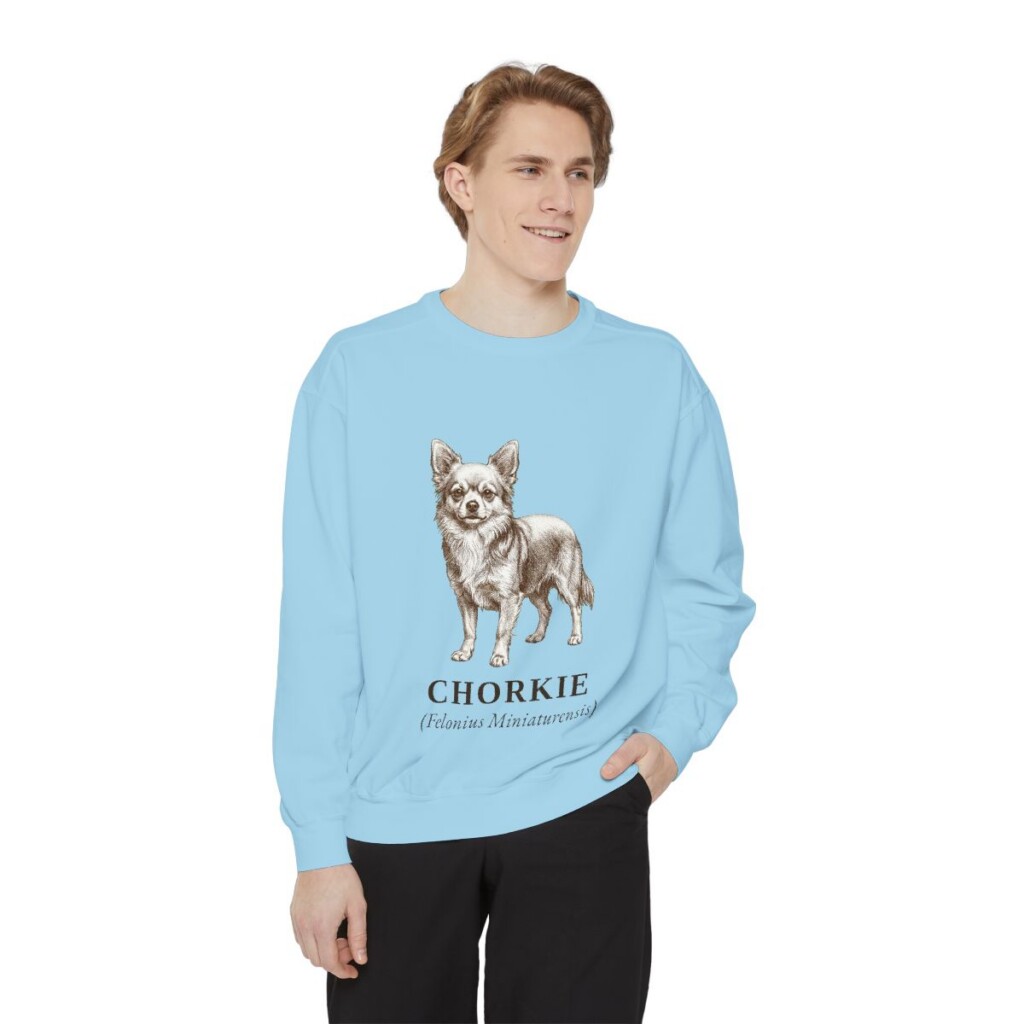 Chorkie Latin Sweatshirt, Chambray, person 1 front