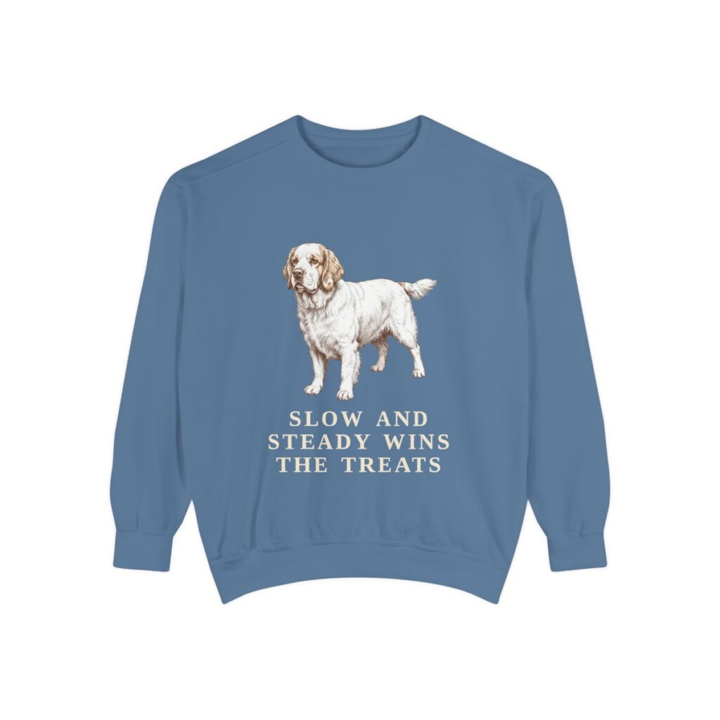 clumber-spaniel-sweatshirt-humor-blue-jean Clumber Spaniel Humor Sweatshirt, Blue Jean, front view