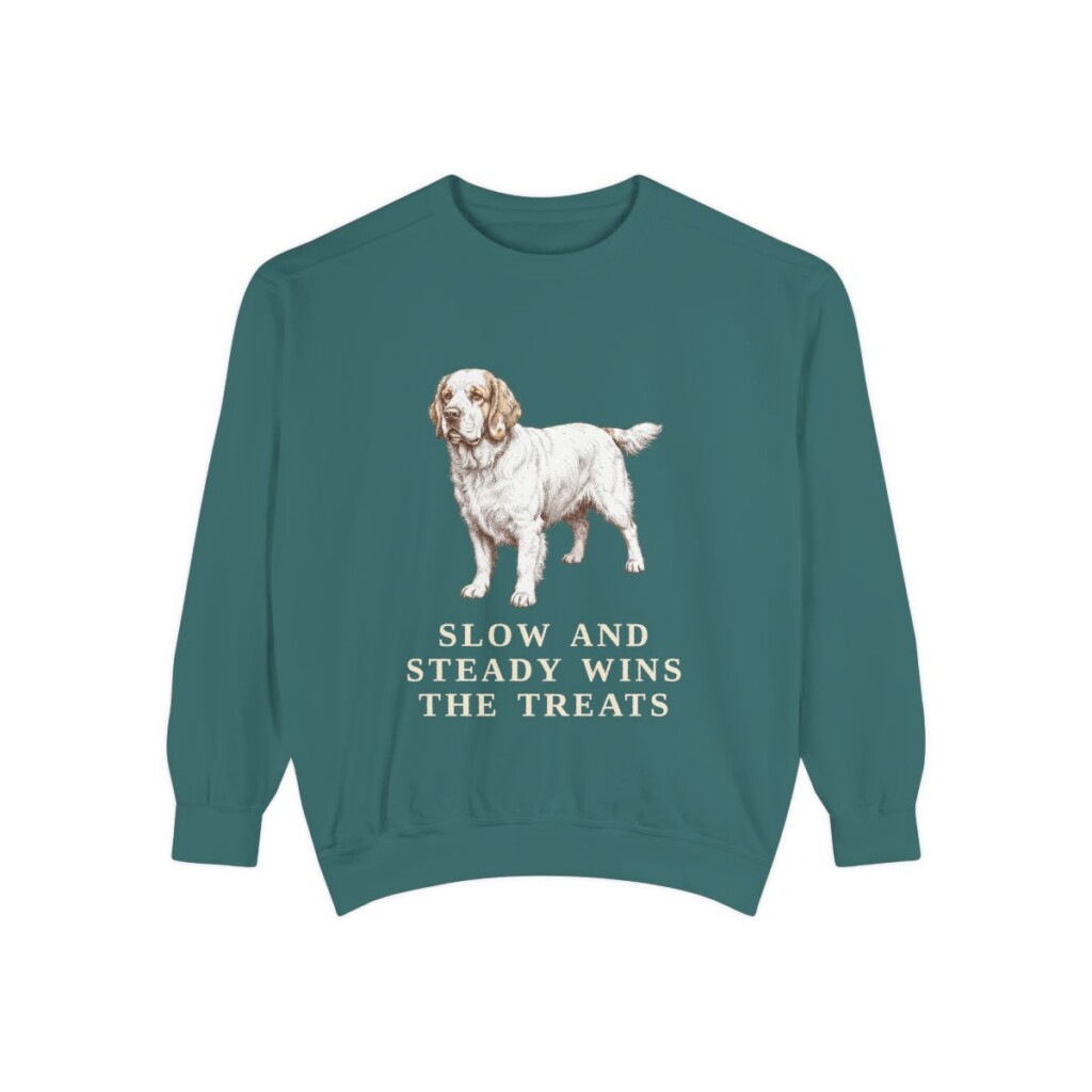 clumber-spaniel-sweatshirt-humor-blue-spruce Clumber Spaniel Humor Sweatshirt, Blue Spruce, front view