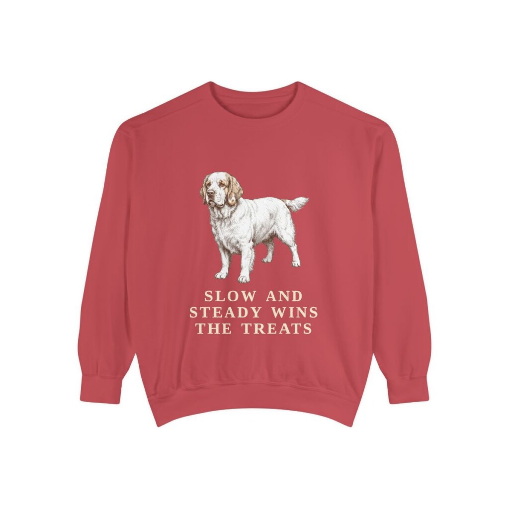 clumber-spaniel-sweatshirt-humor-crimson Clumber Spaniel Humor Sweatshirt, Crimson, front view