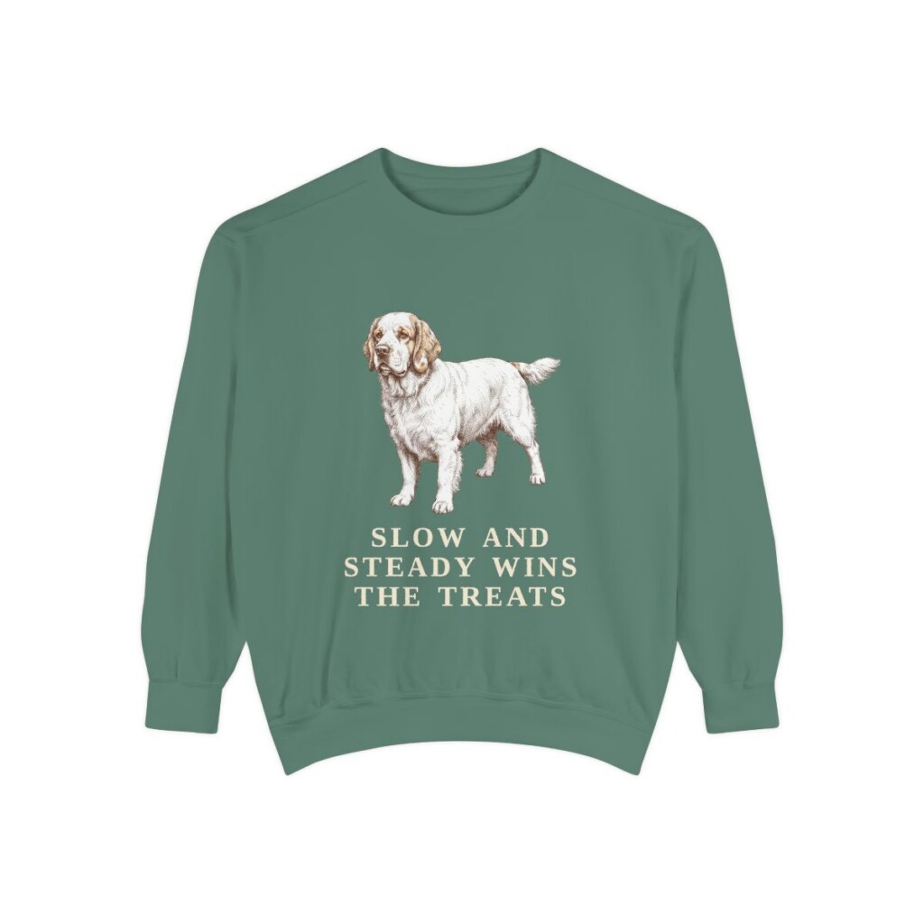 clumber-spaniel-sweatshirt-humor-light-green Clumber Spaniel Humor Sweatshirt, Light Green, front view
