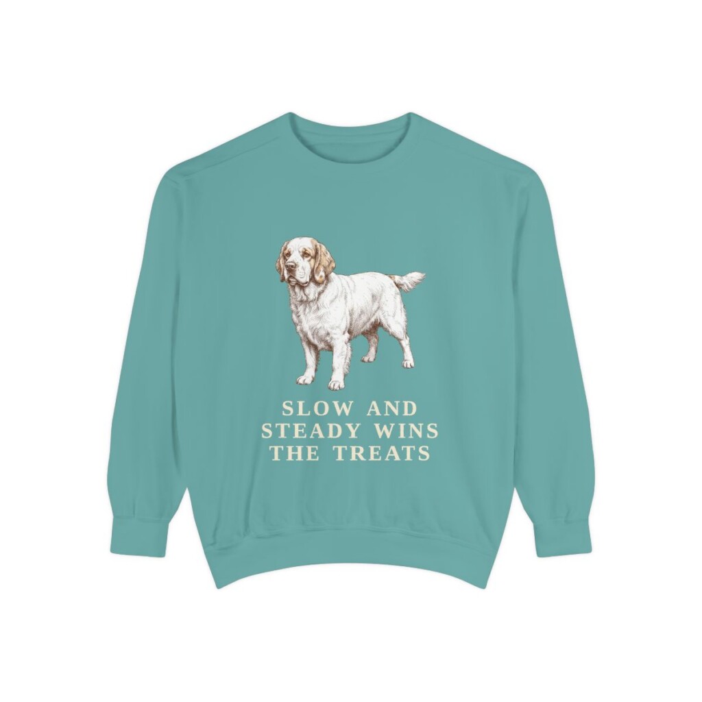 clumber-spaniel-sweatshirt-humor-seafoam Clumber Spaniel Humor Sweatshirt, Seafoam, front view