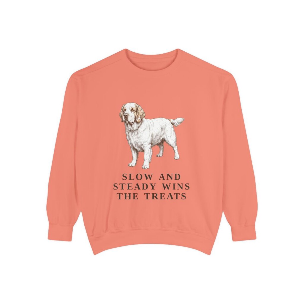 clumber-spaniel-sweatshirt-humor-terracotta Clumber Spaniel Humor Sweatshirt, Terracotta, front view