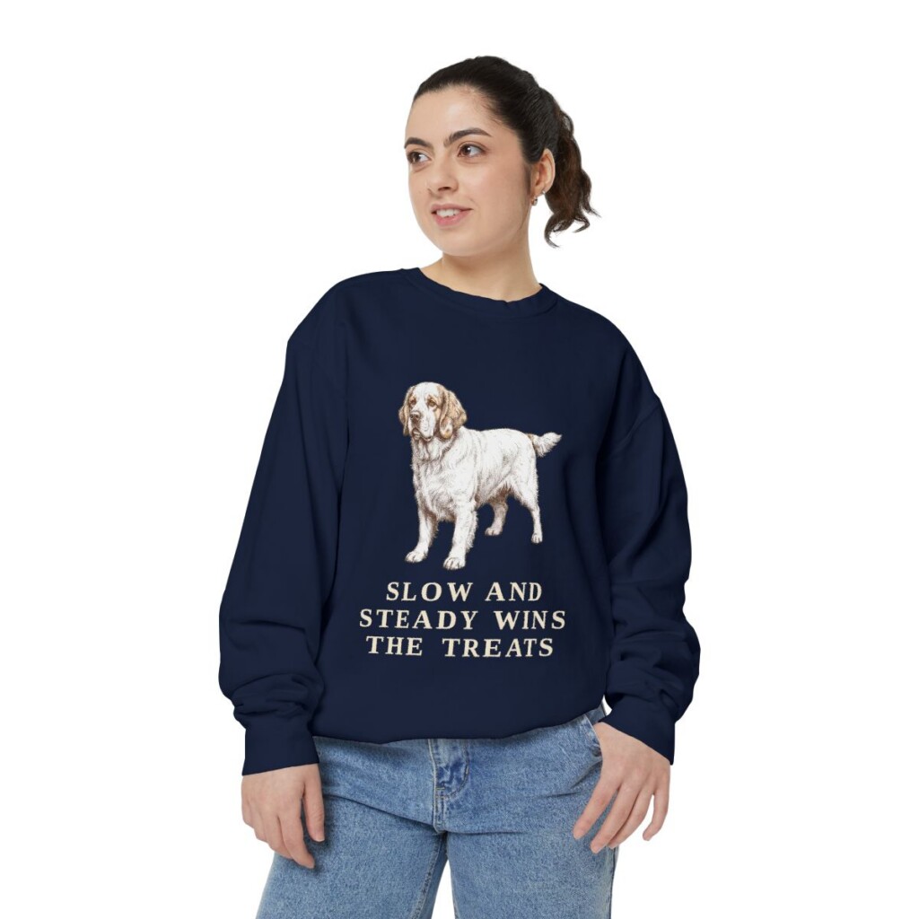 clumber-spaniel-sweatshirt-humor-true-navy-person-2-front Clumber Spaniel Humor Sweatshirt, True Navy, person 2 front
