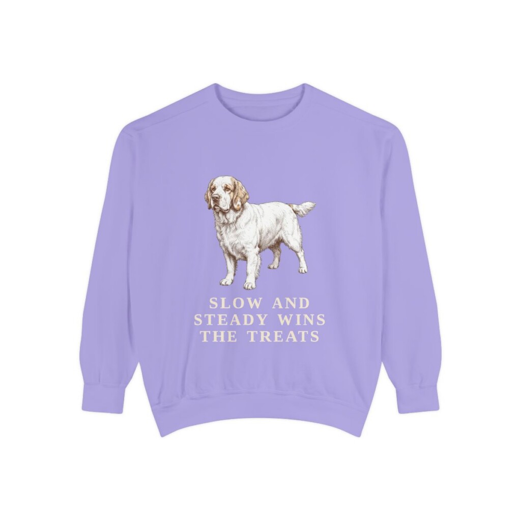 clumber-spaniel-sweatshirt-humor-violet Clumber Spaniel Humor Sweatshirt, Violet, front view