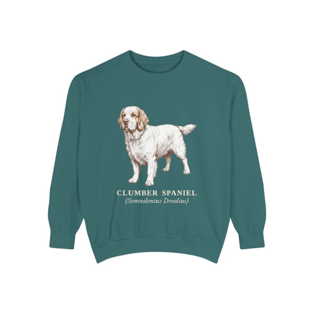 Clumber Spaniel Latin Sweatshirt, Blue Spruce, front view