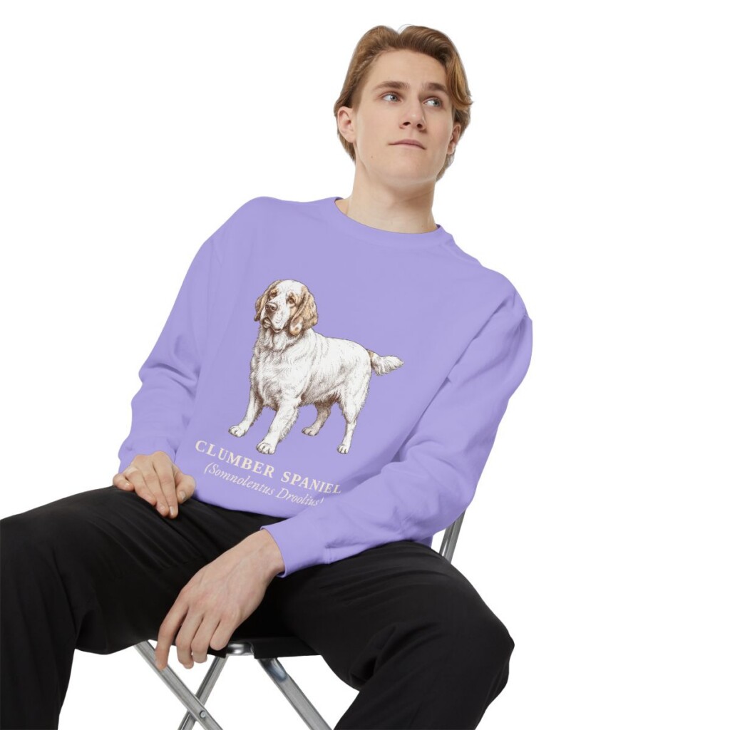 Clumber Spaniel Latin Sweatshirt, Violet, person 1 context