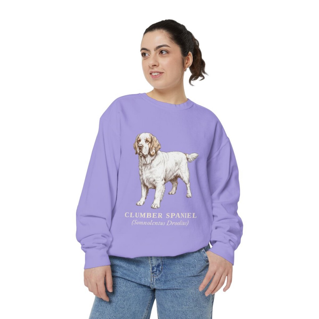 Clumber Spaniel Latin Sweatshirt, Violet, person 2 front
