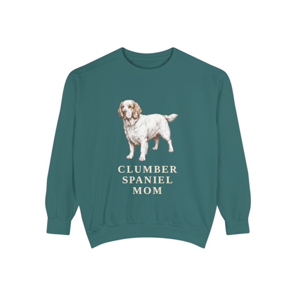 Clumber Spaniel Mom Sweatshirt, Blue Spruce, front view